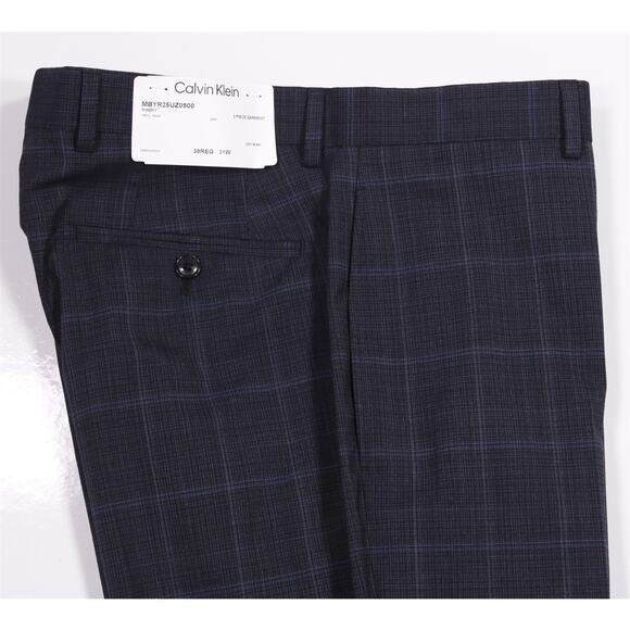 Calvin Klein Gray Blue Windowpane Plaid Flat Front Wool Dress Pants 32 New! - Picture 2 of 6